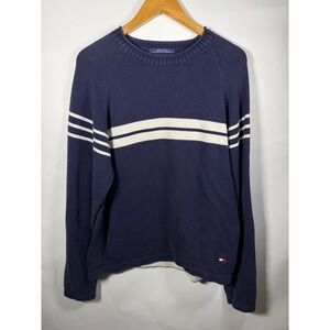 Tommy‎ Hilfiger Mens Large Navy Blue White Stripe Cotton Knit Crewneck Sweater